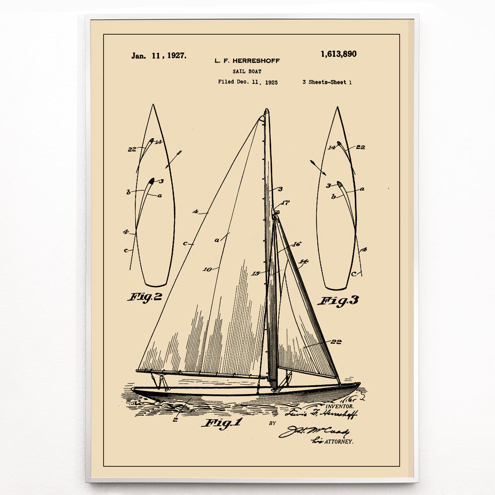 Closeup detail of Vintage sailboat patent drawing and poster by L F Herreshoff featuring detailed technical sailboat artwork and schematics