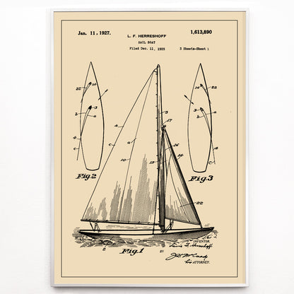 Closeup detail of Vintage sailboat patent drawing and poster by L F Herreshoff featuring detailed technical sailboat artwork and schematics