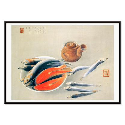 Salmon Slices and Sardines by Tsuchida Bakusen poster featuring fish and teapot still life kitchen wall art decor, with black aluminium frame on white background