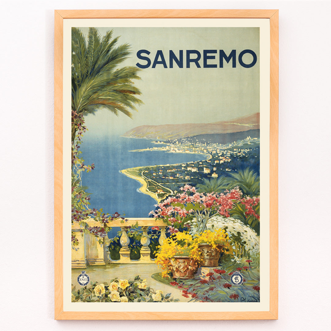 Closeup detail of Scenic coastal landscape of Sanremo with flowers palm trees and sea view poster wall decor travel inspiration