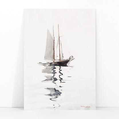 Watercolor painting and poster of a two masted schooner with dory on calm water in watercolor style by Winslow Homer, framed and displayed in modern living room decor