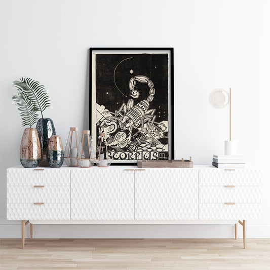 Black and white illustration of a scorpion beneath stars in Scorpius by Henri van der Stok poster artwork, framed and displayed in home decor