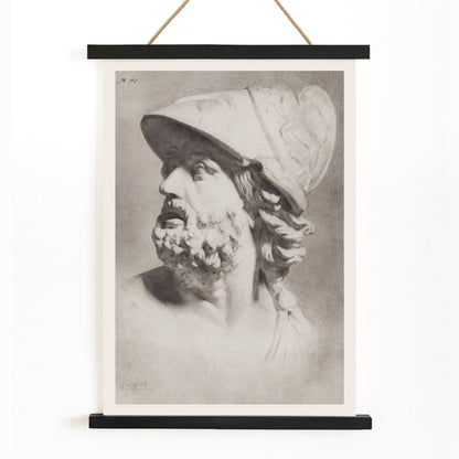 Roman head with helmet by Gerrit Willem Dijsselhof realistic pencil drawing of bearded man classical sculpture artwork poster, with wooden magnetic frame on white background