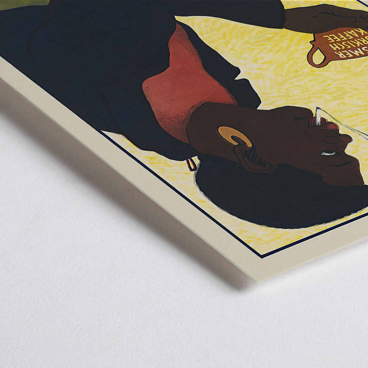 Closeup detail of Karl Hofer Messmer Turkish Coffee poster with silhouetted drinker holding steaming cup, black coat, red scarf, ochre background