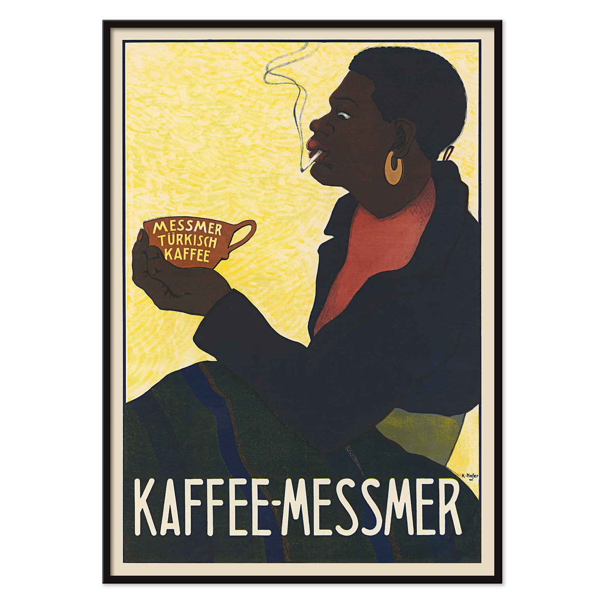 Karl Hofer Messmer Turkish Coffee poster with silhouetted drinker holding steaming cup, black coat, red scarf, ochre background, with black aluminium frame on white background