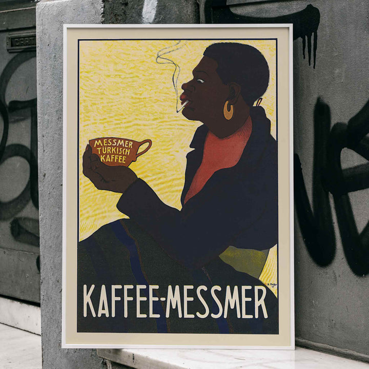 Karl Hofer Messmer Turkish Coffee poster with silhouetted drinker holding steaming cup, black coat, red scarf, ochre background, framed and displayed in home decor