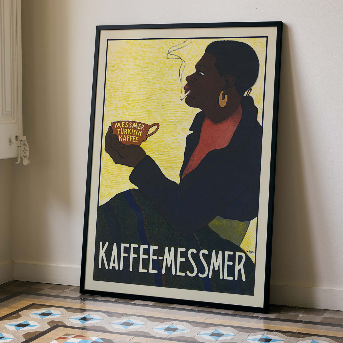 Karl Hofer Messmer Turkish Coffee poster with silhouetted drinker holding steaming cup, black coat, red scarf, ochre background, framed and displayed in modern living room decor