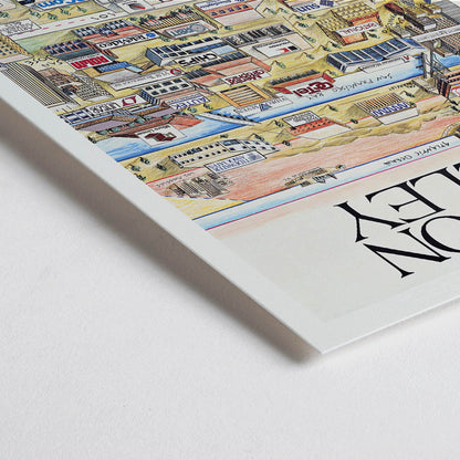 Closeup detail of Silicon Valley Map poster by Kirby Scudder featuring tech company logos and notable companies illustration