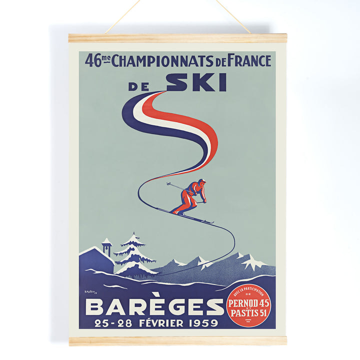 H. Mathieu French Ski Championships poster for Barèges with alpine skier, blue slopes, red and white ribbon graphics, snowy mountains, with wooden magnetic frame on white background