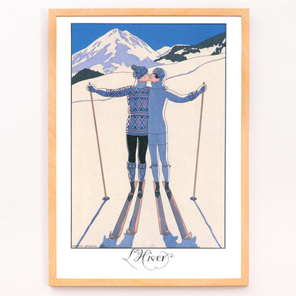 Closeup detail of Two skiers kissing in snowy mountain landscape L Hiver by George Barbier vintage poster artwork