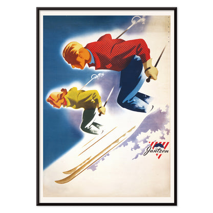 Vintage skiing poster of man and woman skiing downhill in bold colors by Joseph Binder for Jantzen, with black aluminium frame on white background