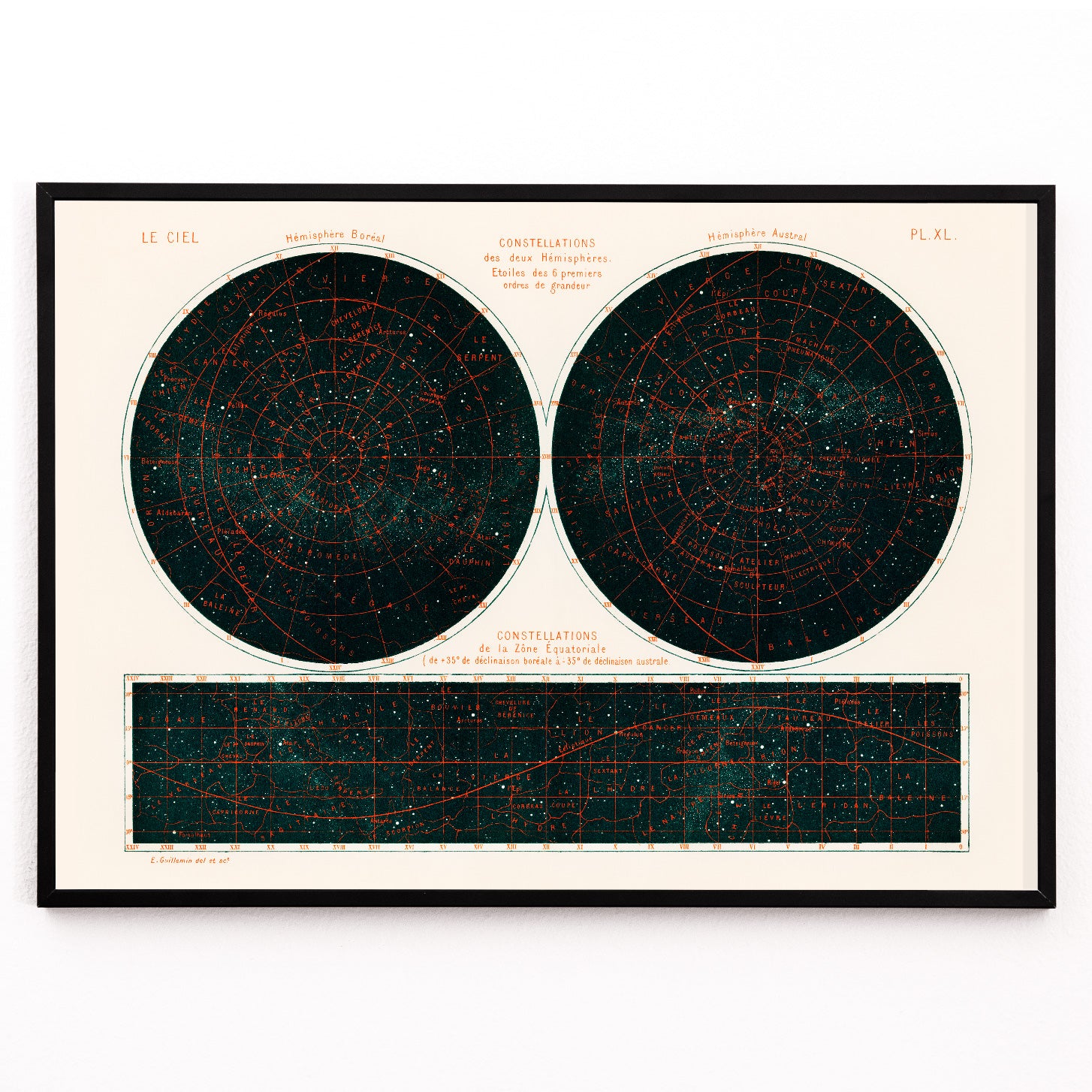 Closeup detail of Celestial chart and poster of the two hemispheres night sky by Guillemin Amédée showing Constellations of the Two Hemispheres star maps