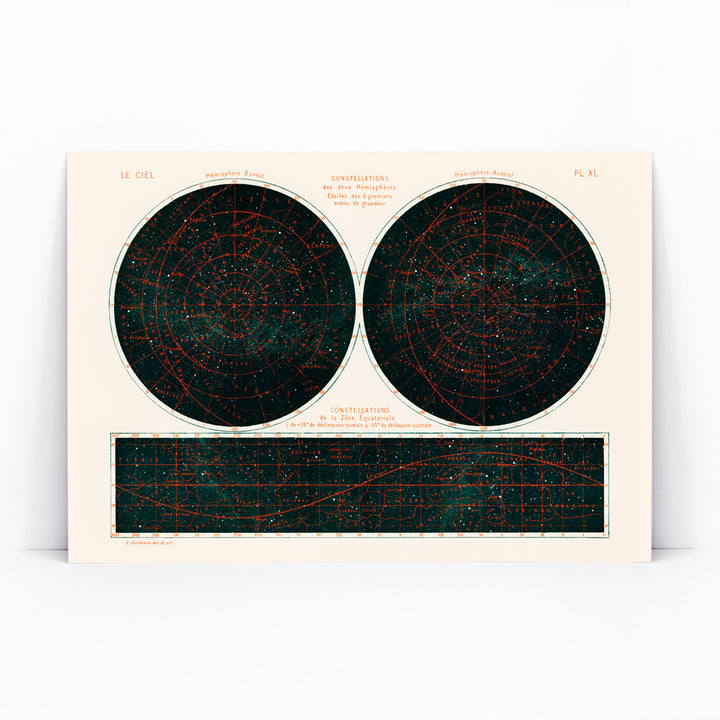 Celestial chart and poster of the two hemispheres night sky by Guillemin Amédée showing Constellations of the Two Hemispheres star maps, framed and displayed in modern living room decor
