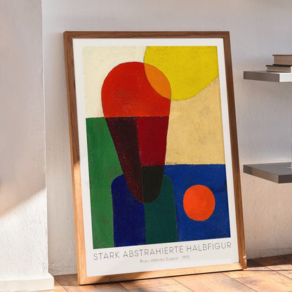 Colorful abstract geometric art poster titled Stark abstrahierte Halbfigur by Franz Wilhelm Seiwert, framed and displayed in home decor