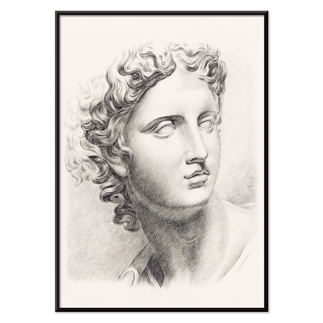 Academy study of a mans head after a plaster cast antique statue by Johannes Tavenraat detailed drawing and poster, with black aluminium frame on white background