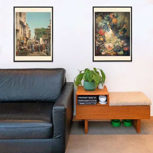 Vibrant flowers fruit and birds in classical artwork Flowers Fruit and Birds by Jan van Os poster still life, framed and displayed in home decor