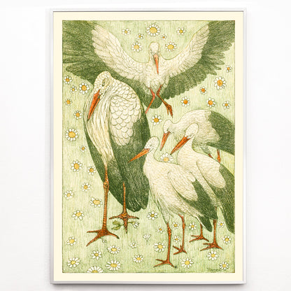 Closeup detail of Five storks standing and flying among daisies and flowers in a meadow artwork by Theo van Hoytema poster
