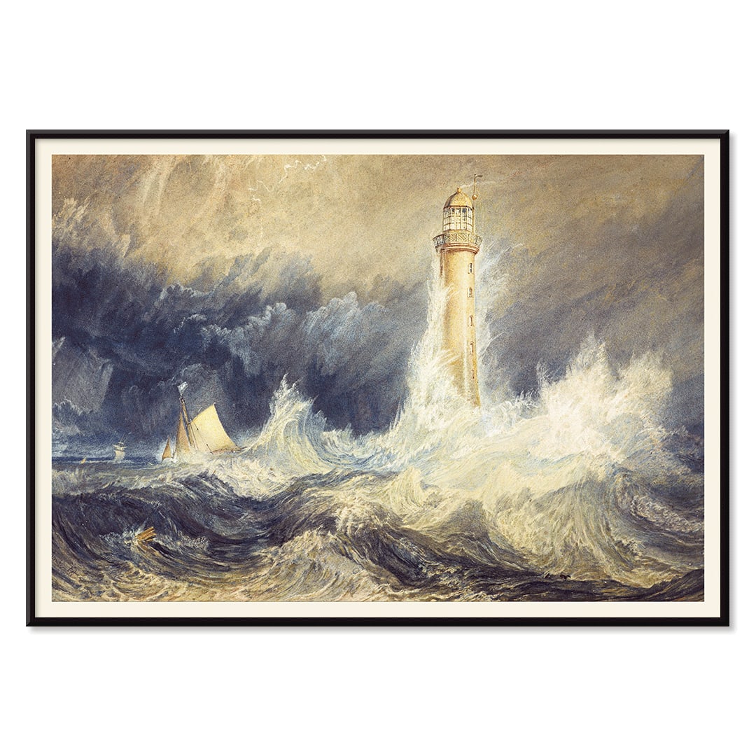 Bell Rock Lighthouse painting by Joseph Mallord William Turner showing a lighthouse in stormy seas with towering waves and a sailboat, with black aluminium frame on white background