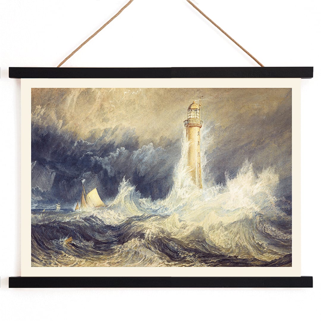 Bell Rock Lighthouse painting by Joseph Mallord William Turner showing a lighthouse in stormy seas with towering waves and a sailboat, with wooden magnetic frame on white background