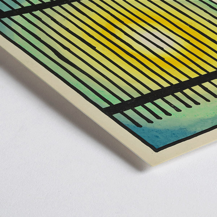 Closeup detail of Abstract sun and colorful bars with bright center in Gegenwart artwork by Karl Wiener modern decor poster
