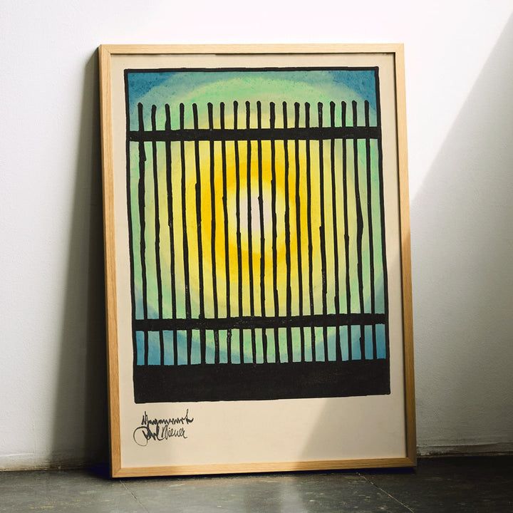 Abstract sun and colorful bars with bright center in Gegenwart artwork by Karl Wiener modern decor poster, framed and displayed in modern living room decor