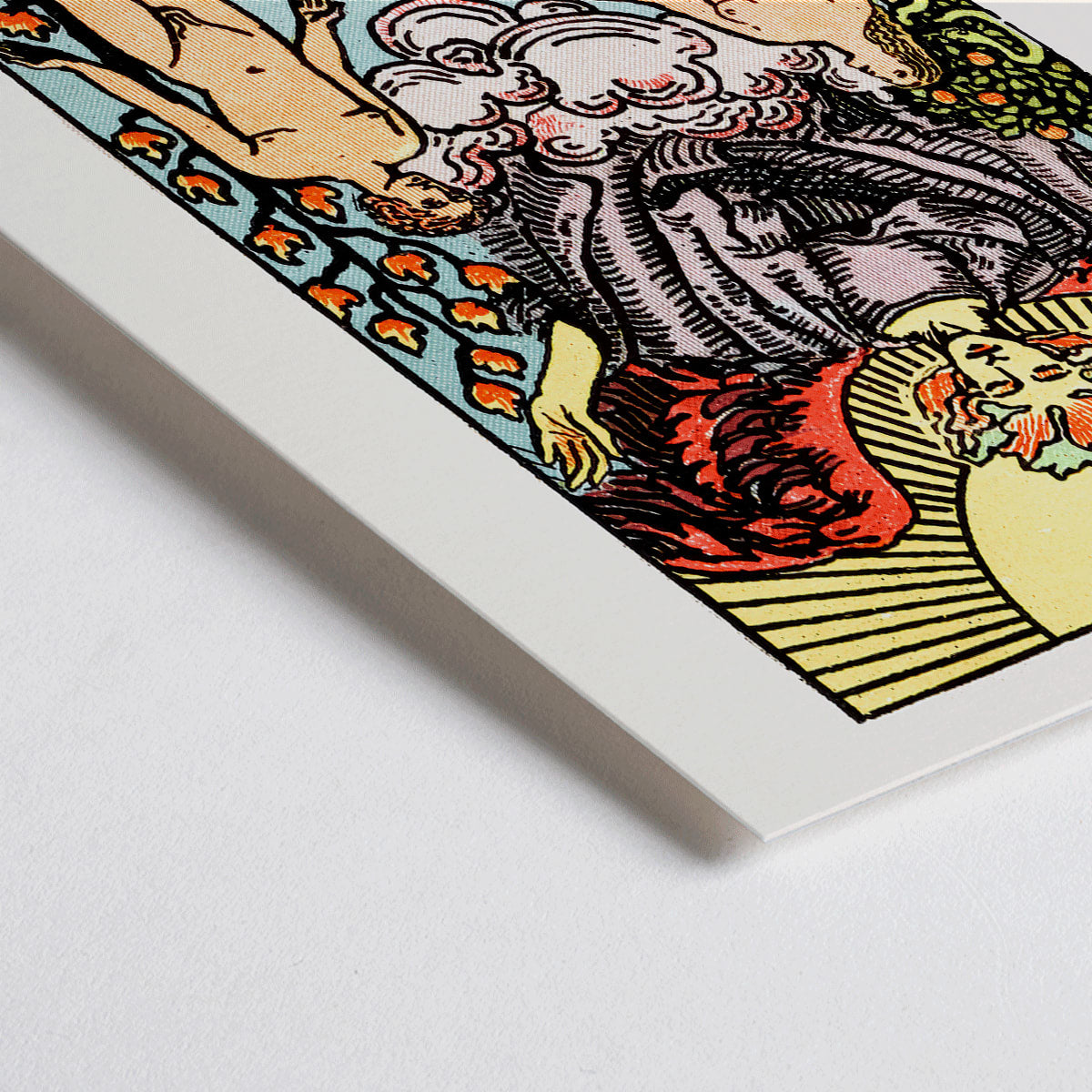 Closeup detail of The Lovers Tarot card by Rider Waite featuring a winged angel above a man and woman in a garden illustration and poster