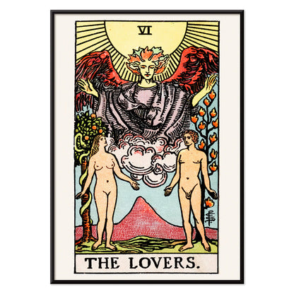 The Lovers Tarot card by Rider Waite featuring a winged angel above a man and woman in a garden illustration and poster, with black aluminium frame on white background