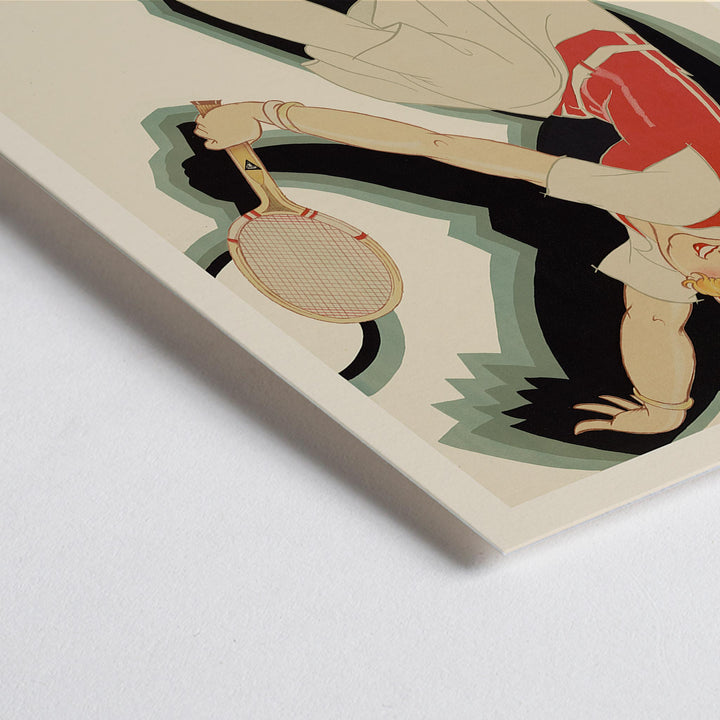 Closeup detail of René Vincent La raquette Ram a la vogue vintage poster featuring a tennis player with racquet in red and cream