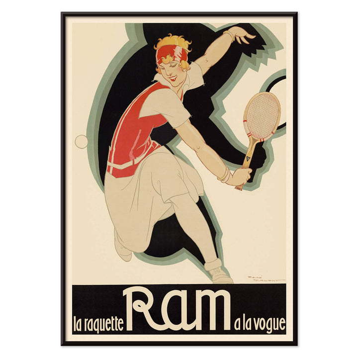 René Vincent La raquette Ram a la vogue vintage poster featuring a tennis player with racquet in red and cream, with black aluminium frame on white background