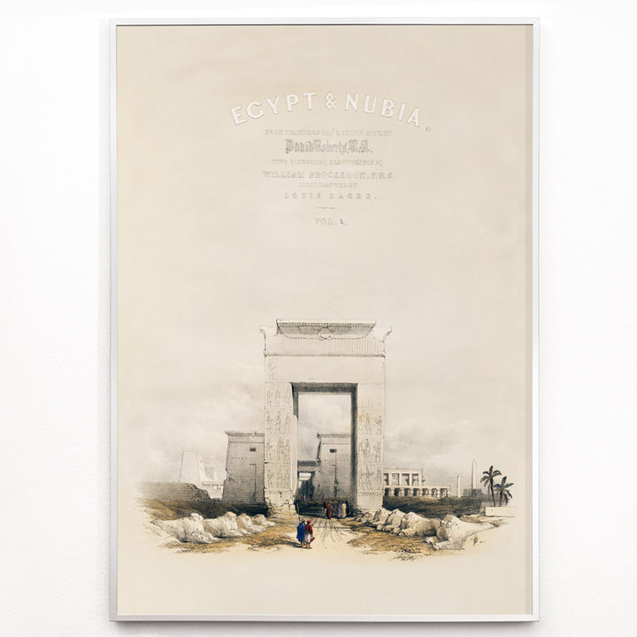Closeup detail of Ancient Egyptian gateway and Great gateway at Temple of Karnak Thebes with hieroglyphs people and ruins artwork by David Roberts