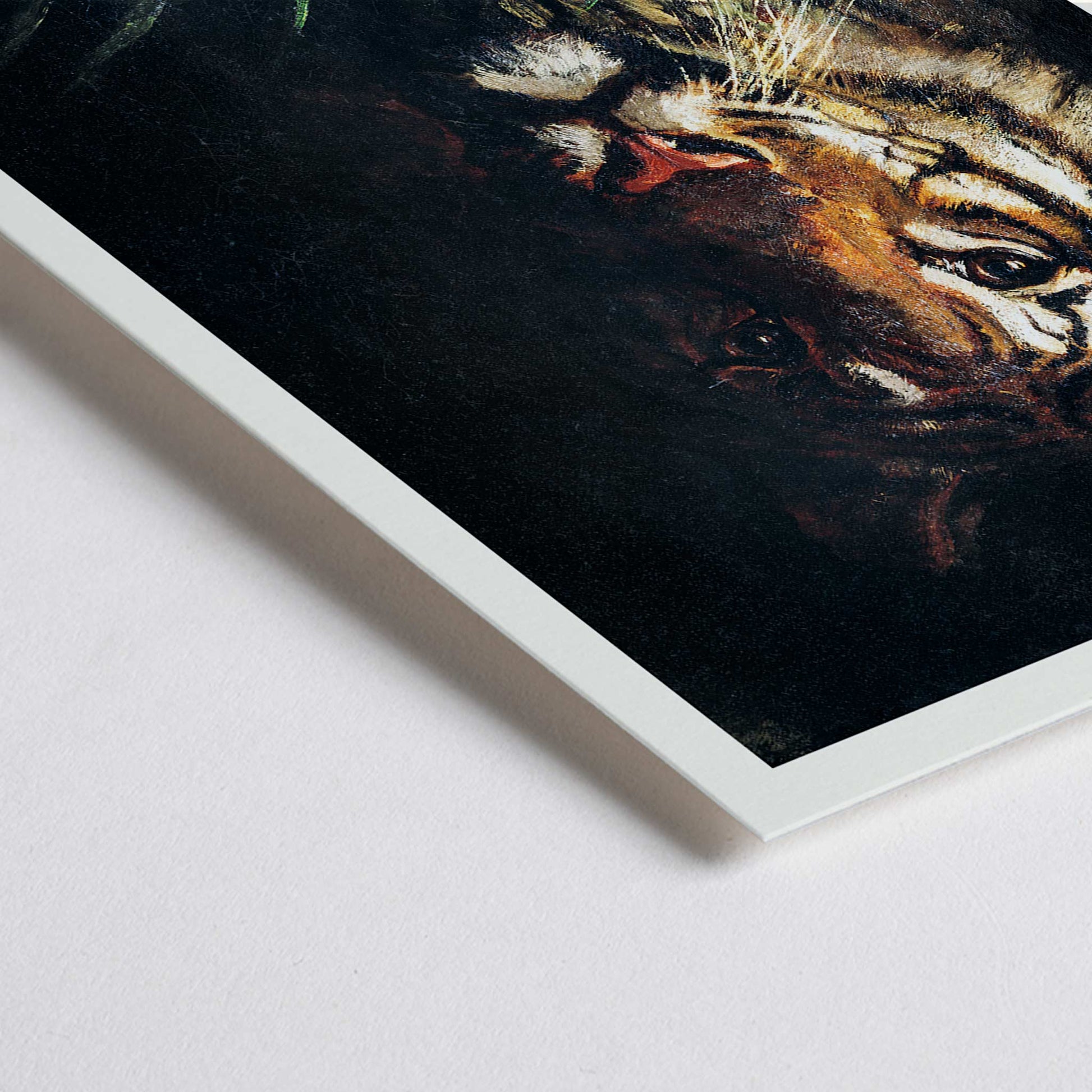 Closeup detail of Tigers Head painting by Abbott Handerson Thayer detailed tiger portrait in the wild and emerging from dark foliage poster artwork