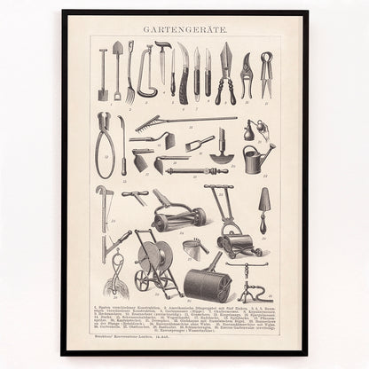 Closeup detail of Vintage gardening tools illustration and poster lineup by Bibliographic institute of Liepzig Gartengeräte