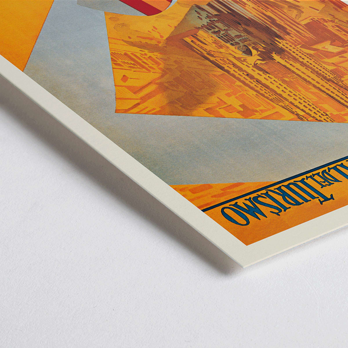 Closeup detail of Barcelona La Capital del Mediterraneo poster by Patronato Nacional del Turismo featuring city skyline cathedral cityscape and flying flag