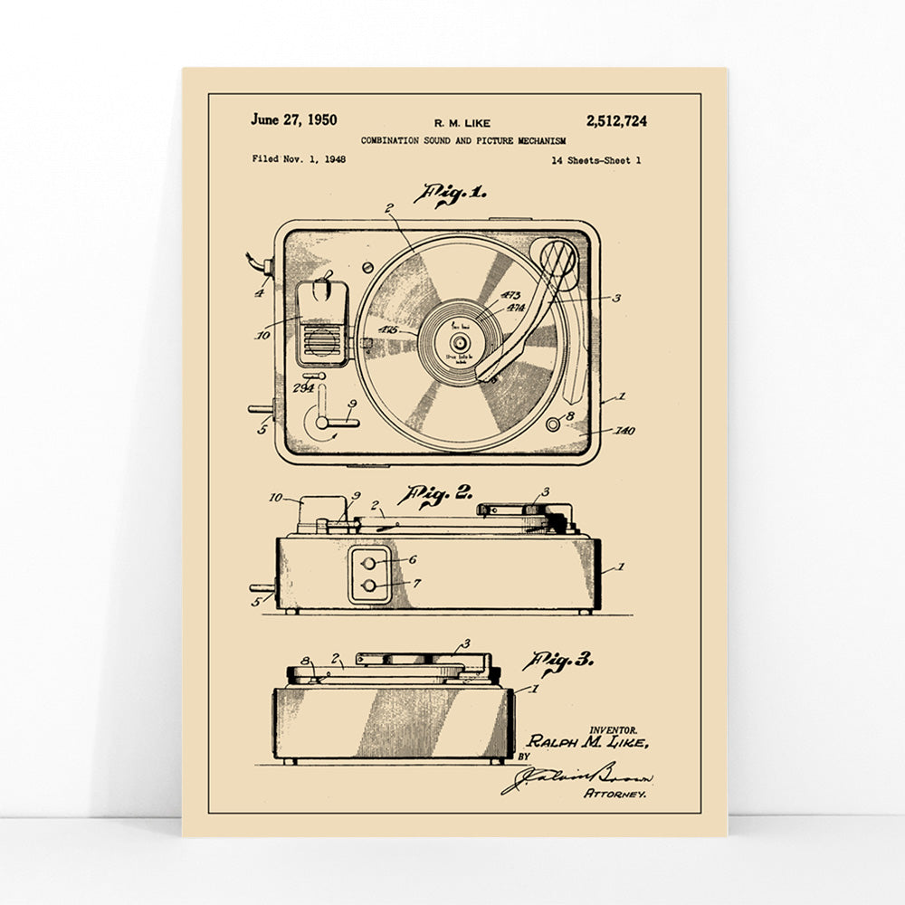 Vintage turntable patent illustration and technical drawing poster by R M Like ideal music lover decor, framed and displayed in modern living room decor