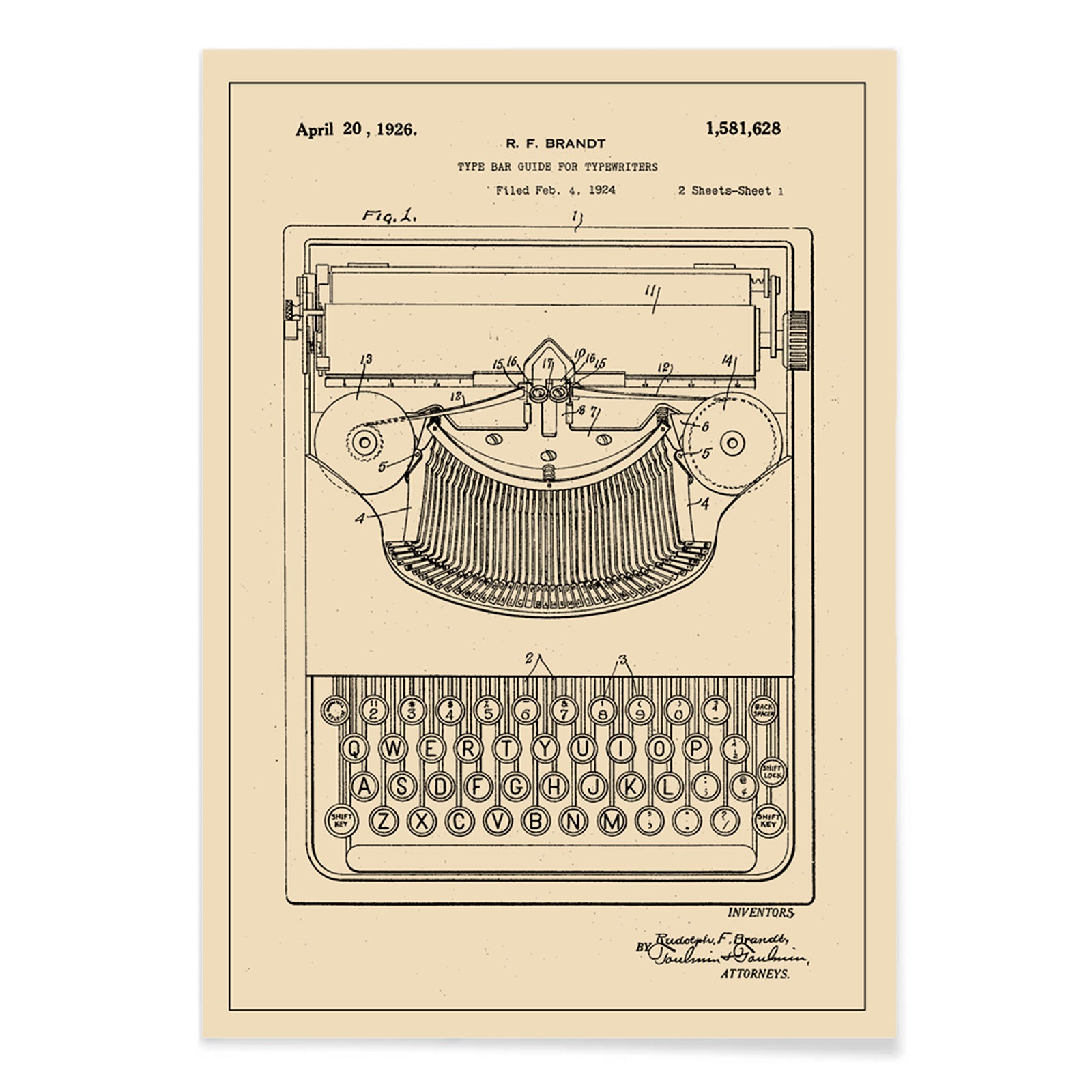 Vintage typewriter patent illustration by R F Brandt with technical details and drawing, with black aluminium frame on white background