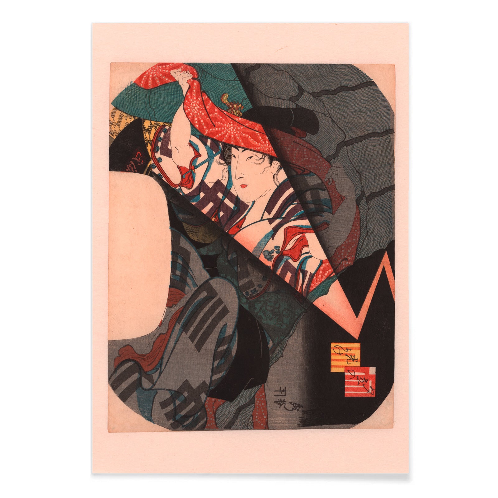 Person taking shelter under a patterned cloth during a thunderstorm in the evening by Utagawa Sadahide Japanese art poster, with black aluminium frame on white background