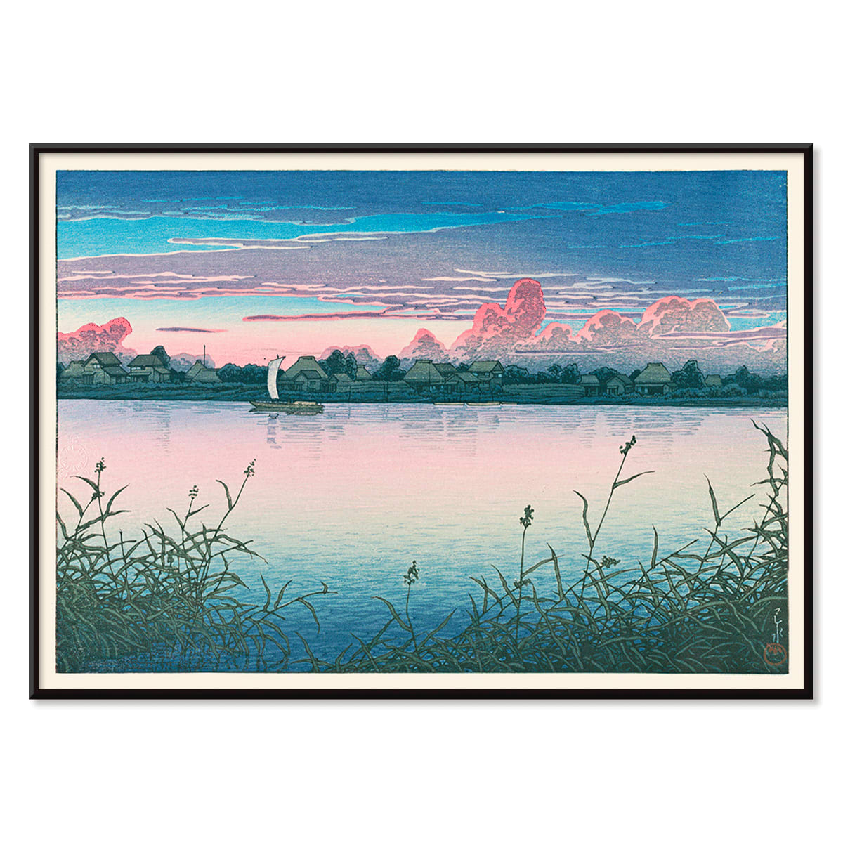 Early Autumn in Urayasu by Kawase Hasui peaceful lakeside village poster with serene waterfront houses boat and colorful sky, with black aluminium frame on white background