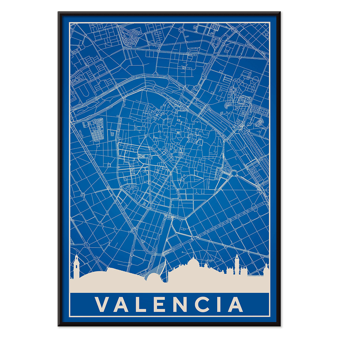 Minimalist Valencia Map poster by artist Minimalist featuring a detailed blue and white city map and skyline, with black aluminium frame on white background