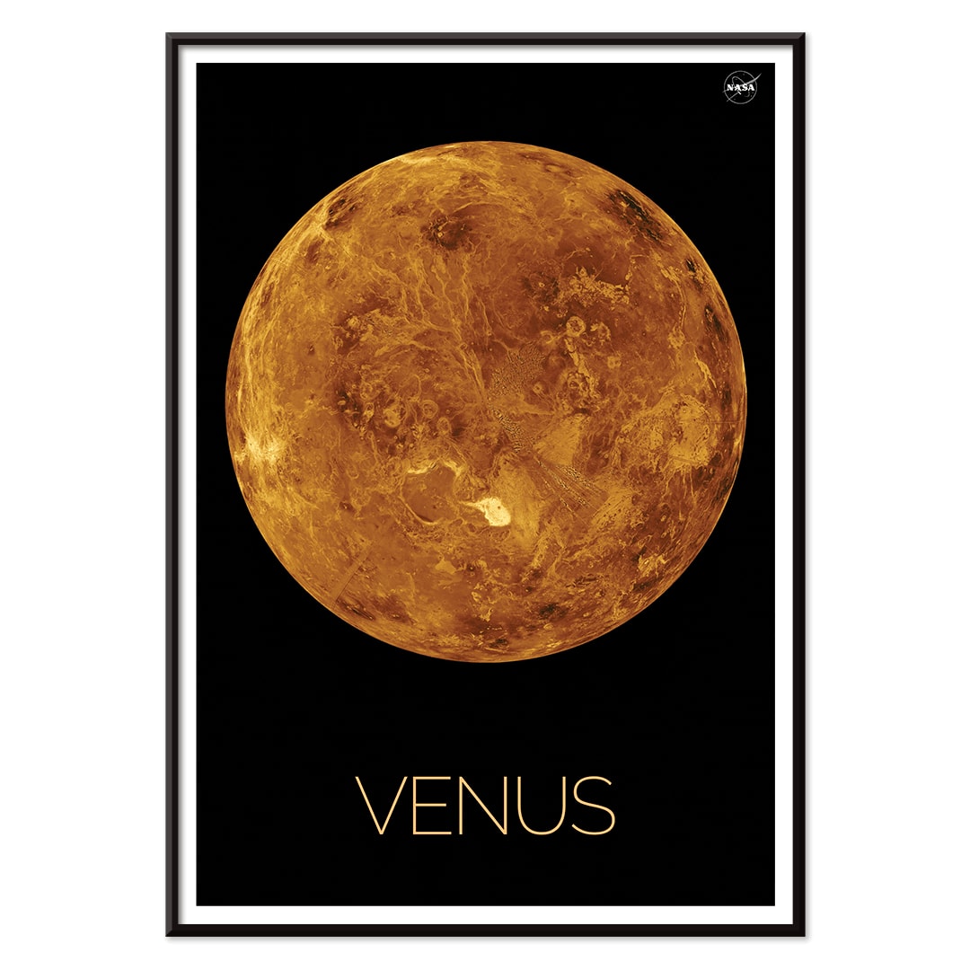 Planet Venus illustration and poster by NASA showing a detailed orange and brown view of the planet on a black background, with black aluminium frame on white background