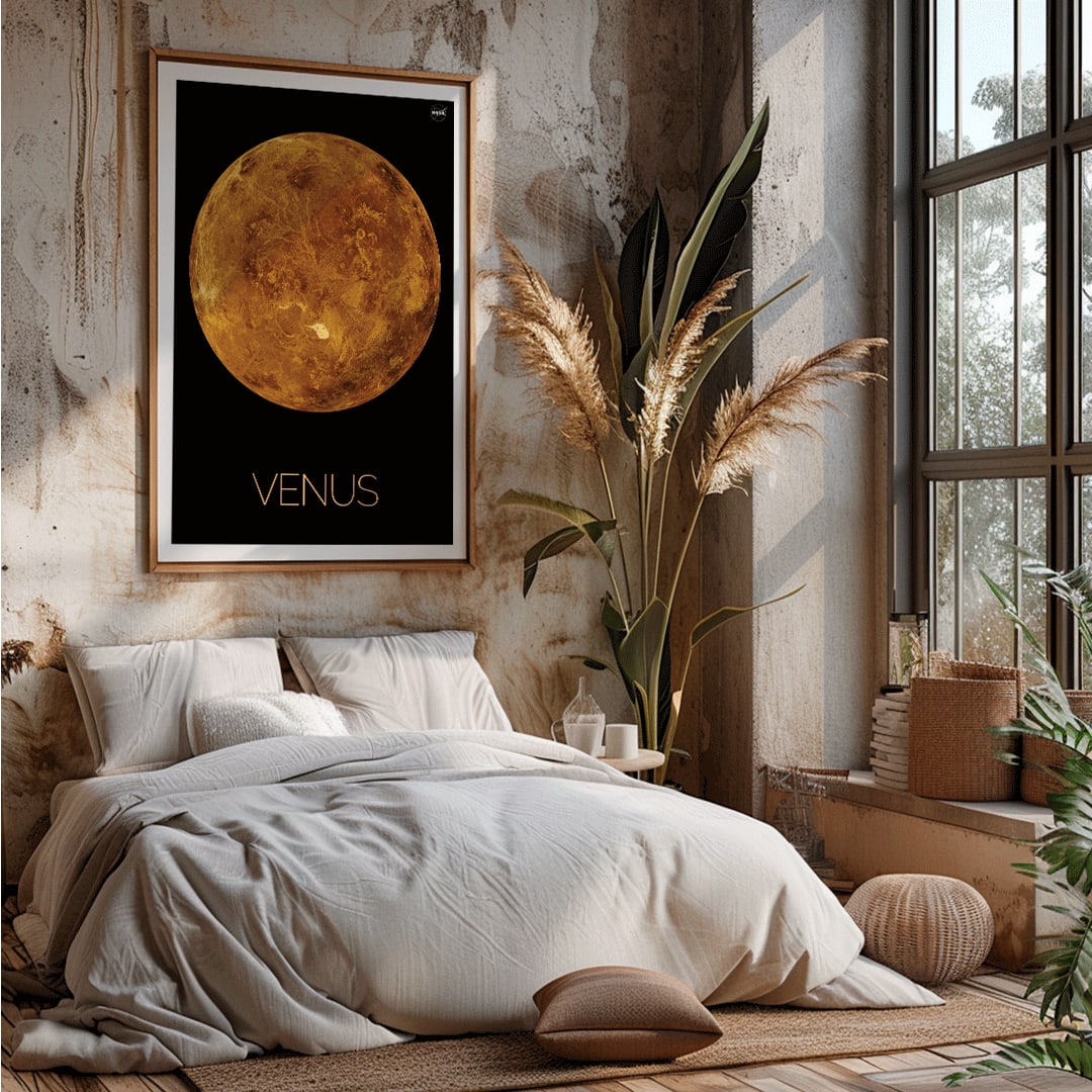 Planet Venus illustration and poster by NASA showing a detailed orange and brown view of the planet on a black background, framed and displayed in home decor
