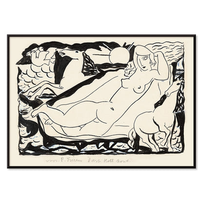 Venus Vignet by Leo Gestel reclining nude woman with horses in abstract black and white drawing poster, with black aluminium frame on white background