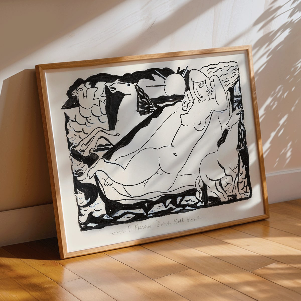 Venus Vignet by Leo Gestel reclining nude woman with horses in abstract black and white drawing poster, framed and displayed in modern living room decor