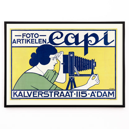 Closeup detail of Vintage art deco poster of a woman using a vintage camera at Capi Camera Shop by Johann Georg van Caspel