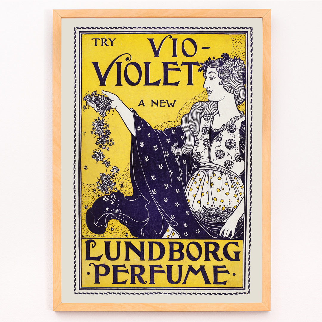 Closeup detail of Art Nouveau perfume poster by Louis Rhead featuring a woman holding flowers with floral motifs