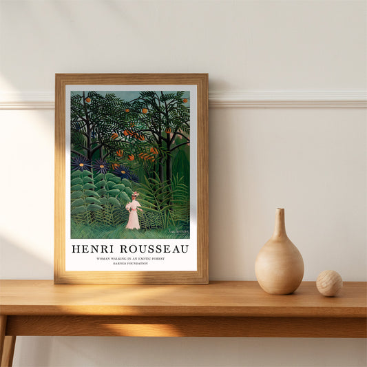 Woman in white dress walking through lush jungle plants in Exotic Forest by Henri Rousseau poster, framed and displayed in home decor