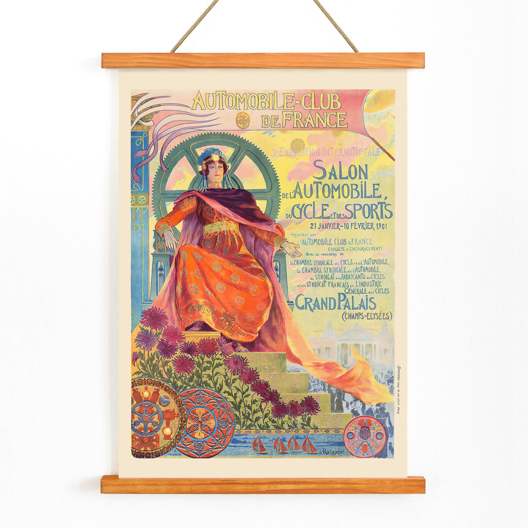 Art Nouveau poster of a regal woman with vibrant colors gears and flowers by Georges Antoine Rochegrosse for Automobile Club De France, with wooden magnetic frame on white background