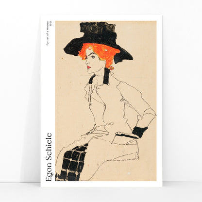 Portrait Of A Woman by Egon Schiele featuring an elegant woman with red or orange hair and a black hat poster, framed and displayed in modern living room decor