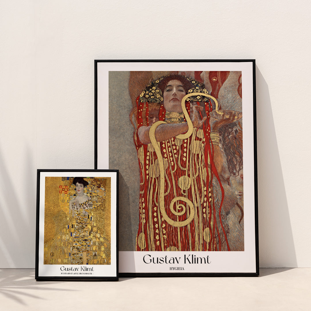 Hygieia by Gustav Klimt woman in ornate red and gold robe holding a snake art poster, framed and displayed in home decor