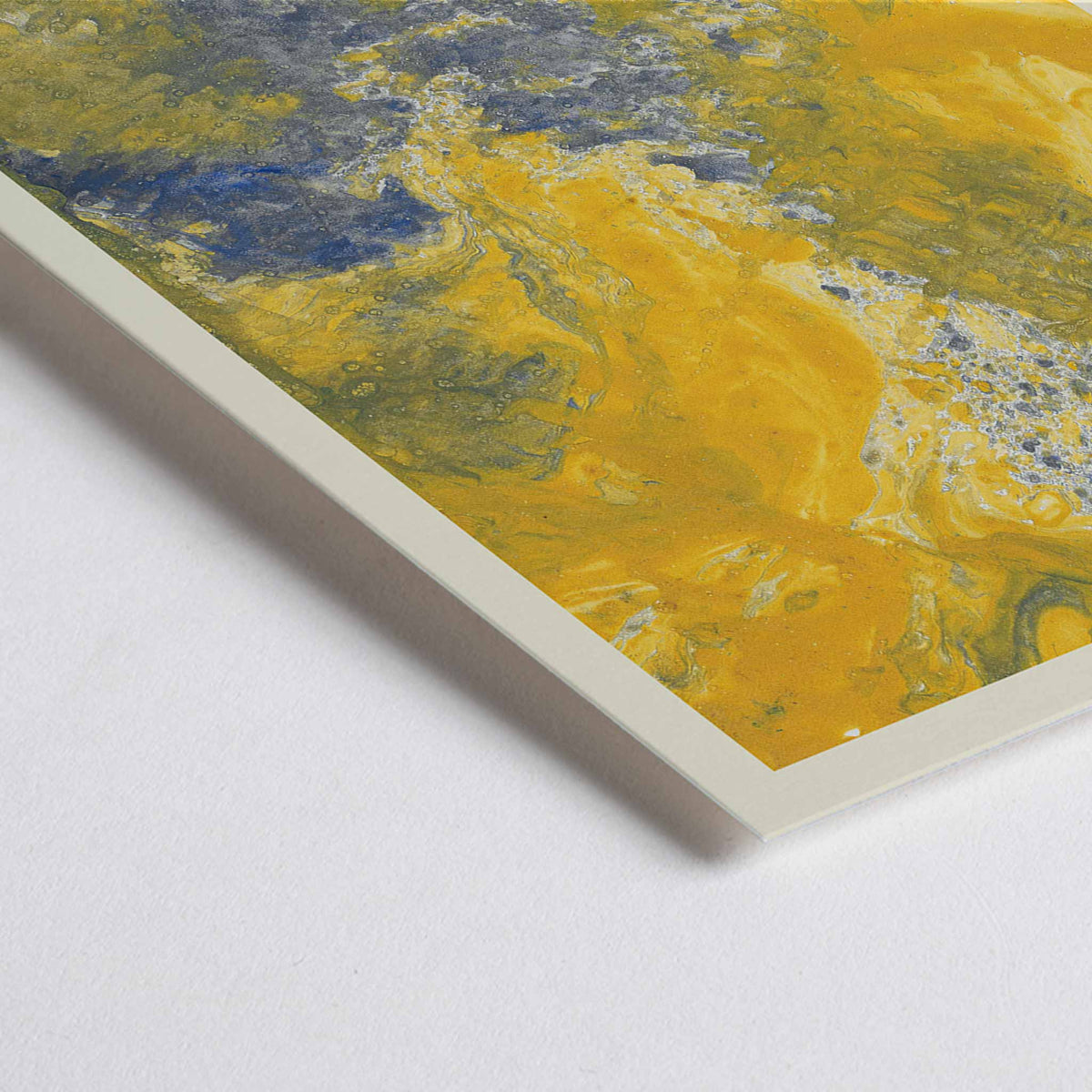Closeup detail of Margarete Rumpf Yellow marbled paper poster with swirling ochre, cream and blue-grey abstract textures