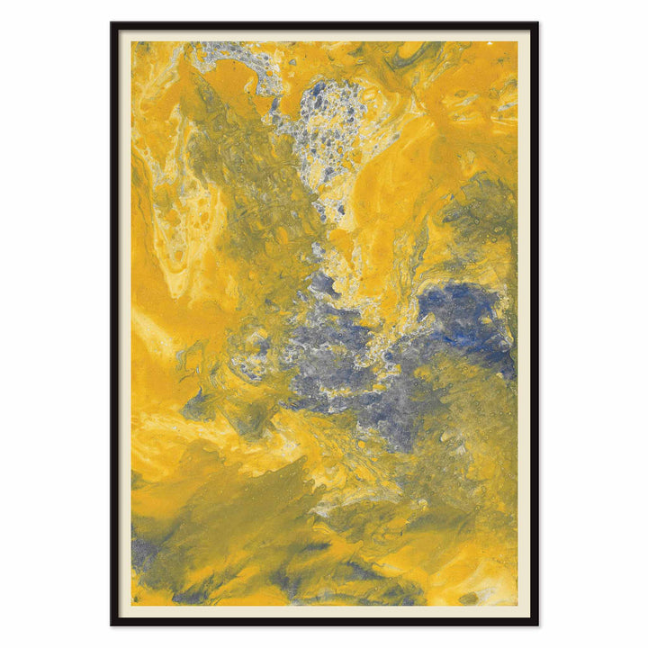 Margarete Rumpf Yellow marbled paper poster with swirling ochre, cream and blue-grey abstract textures, with black aluminium frame on white background